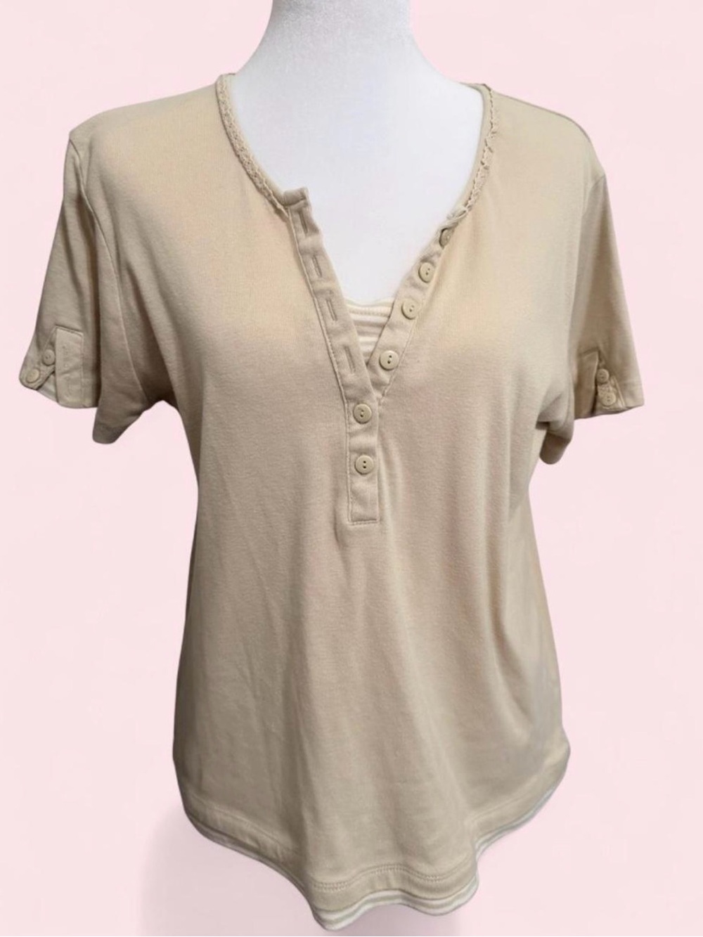 Classic Elements Beige Short Sleeve Button Henley Top